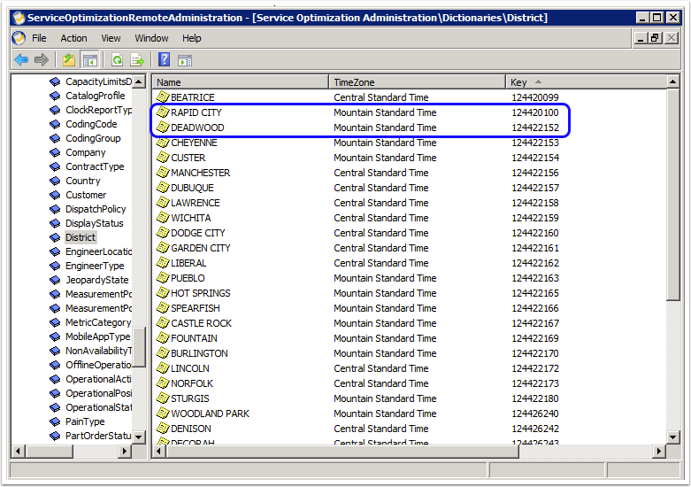 Missing District in Service Optimization Remote Administration Tool